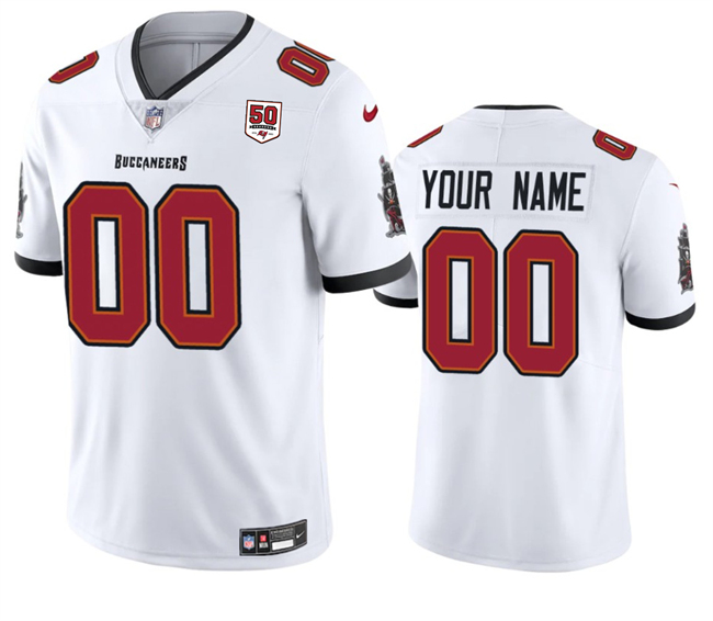 Men's Tampa Bay Buccaneers Active Player Custom White 2025 50th Anniversary Patch Vapor Untouchable Limited Stitched Football Jersey
